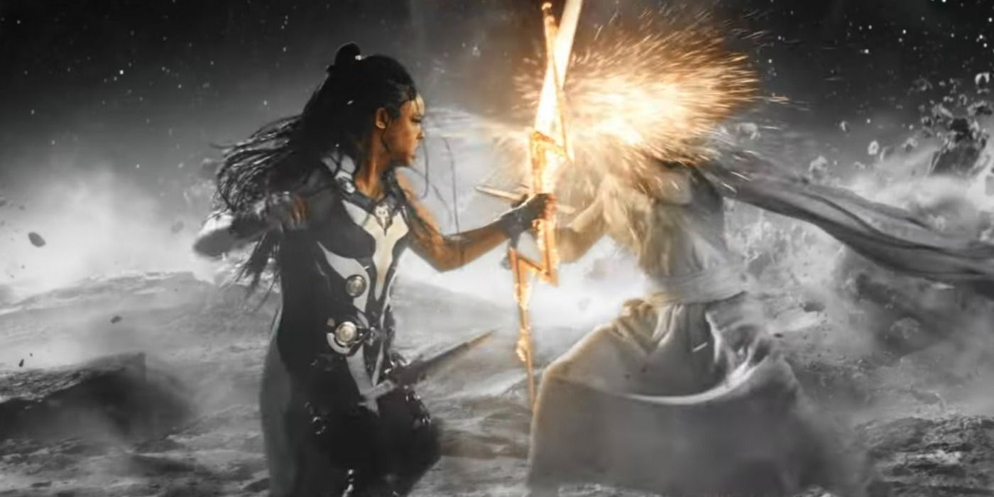Valkyrie fighting Gorr with lightning bolt in Thor Love and Thunder
