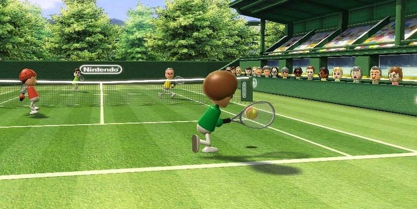 Miis from Wii Sports playing doubles tennis.