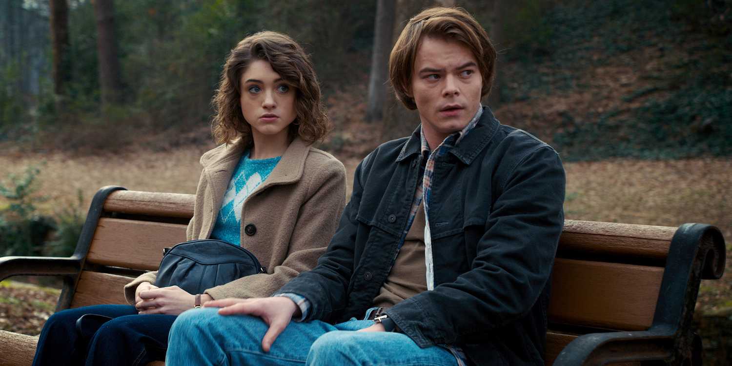 Natalia Dyer's Nancy and Charlie Heaton's Jonathan sit on a park bench looking nervous in Stranger Things