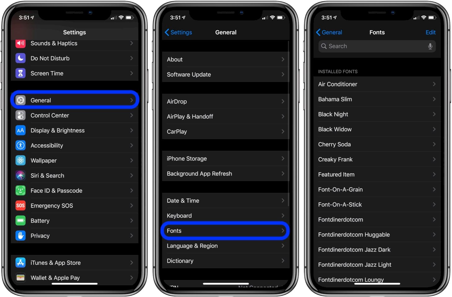 iPhone Fonts Settings