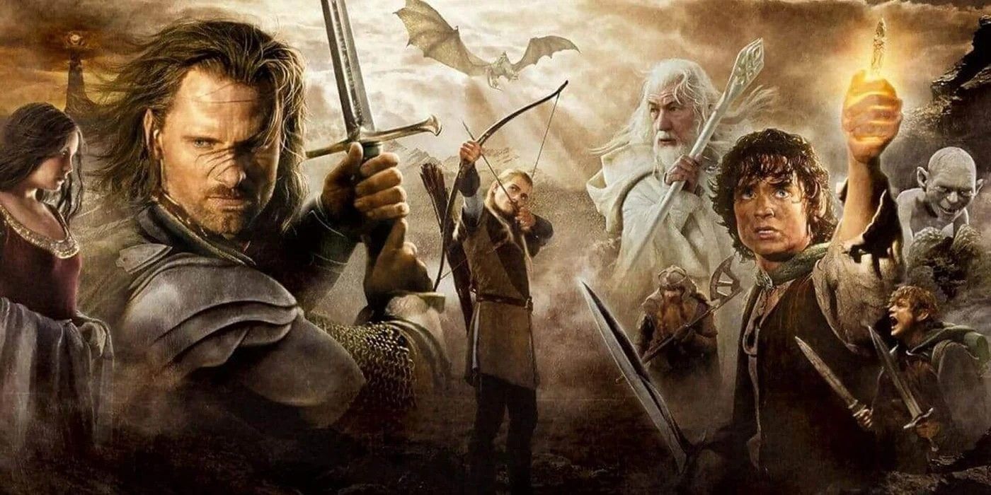 The characters of Lord of the Rings gather together to fight (Aragorn, Legolas, Frodo, Gandalf).