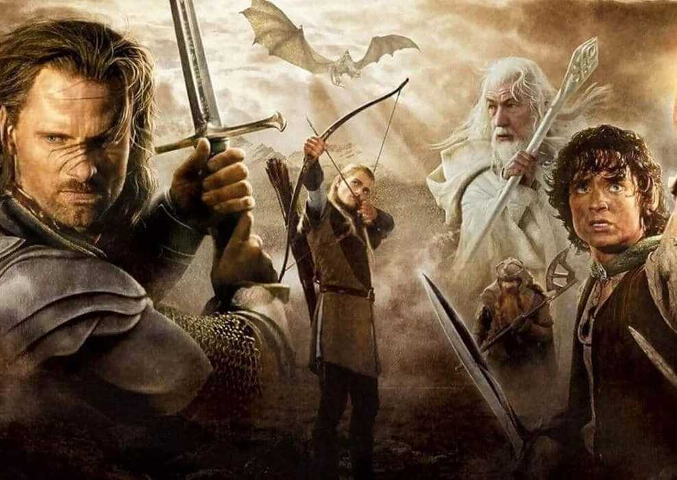 The characters of Lord of the Rings gather together to fight (Aragorn, Legolas, Frodo, Gandalf).