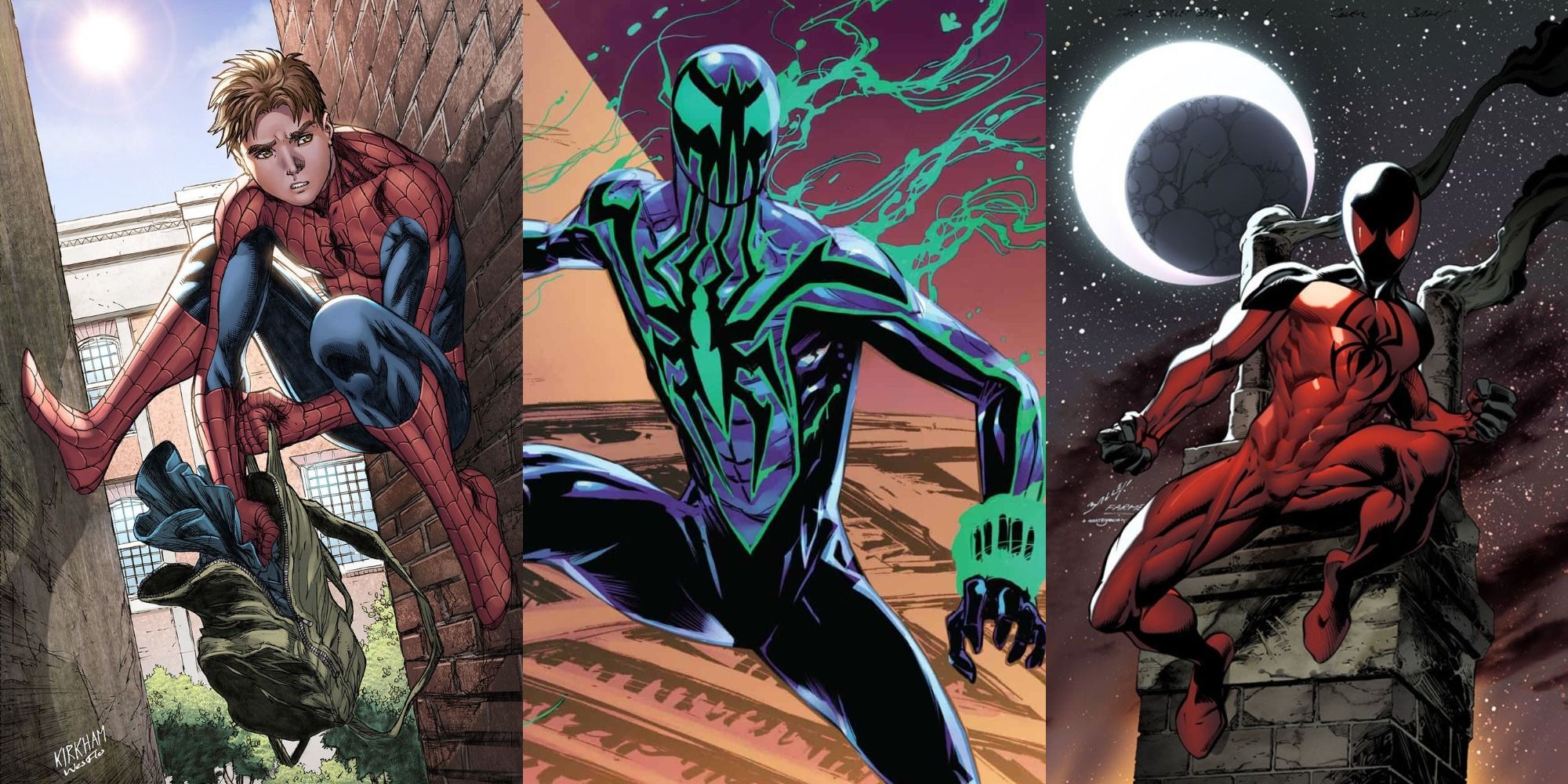 side by side images of Peter Parker as Spider Man and his clones Benjamin Reilly And Kaine Parker