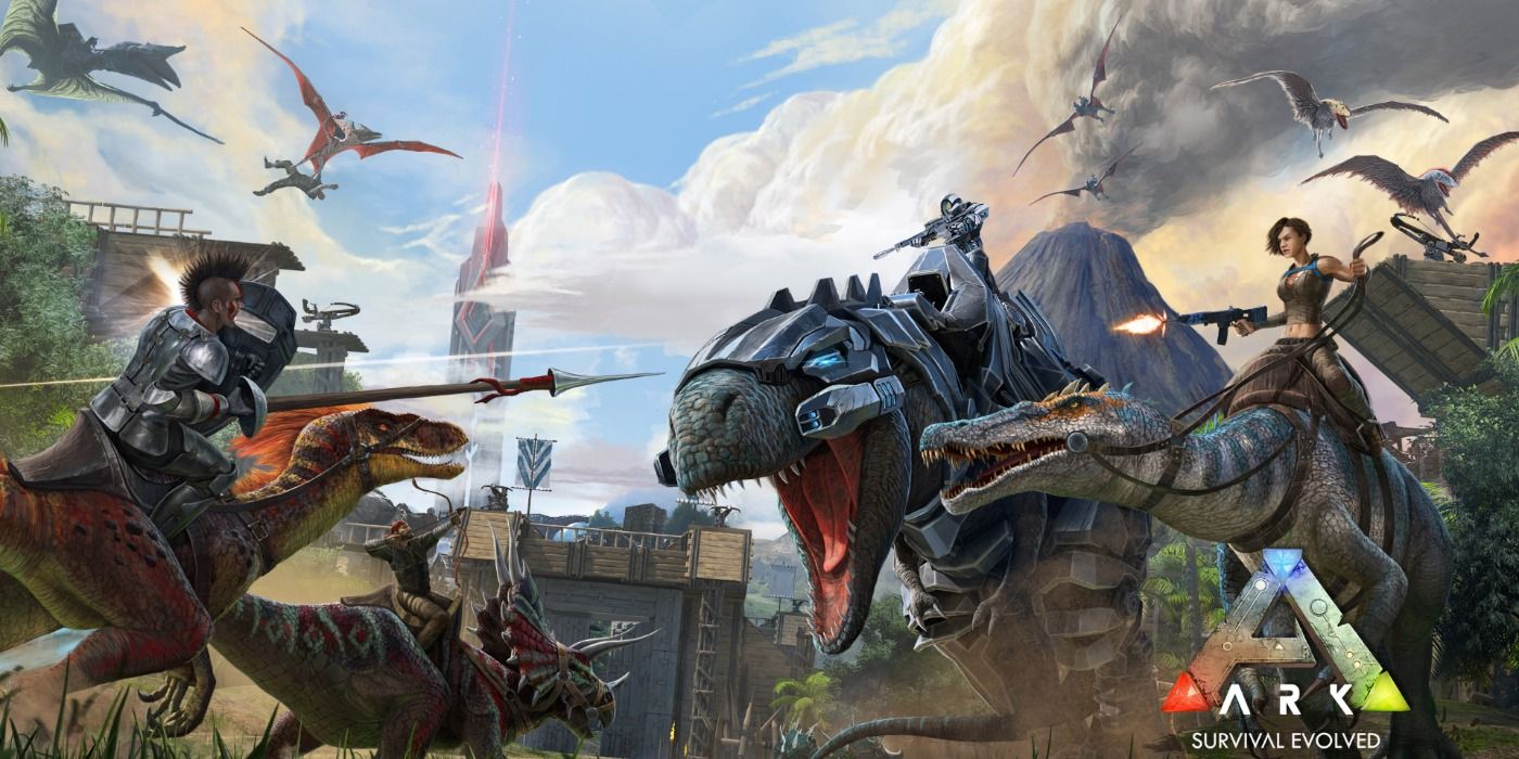 Arte promocional de Ark: Survival Evolved con personajes en guerra y montando sus dinosaurios domesticados.