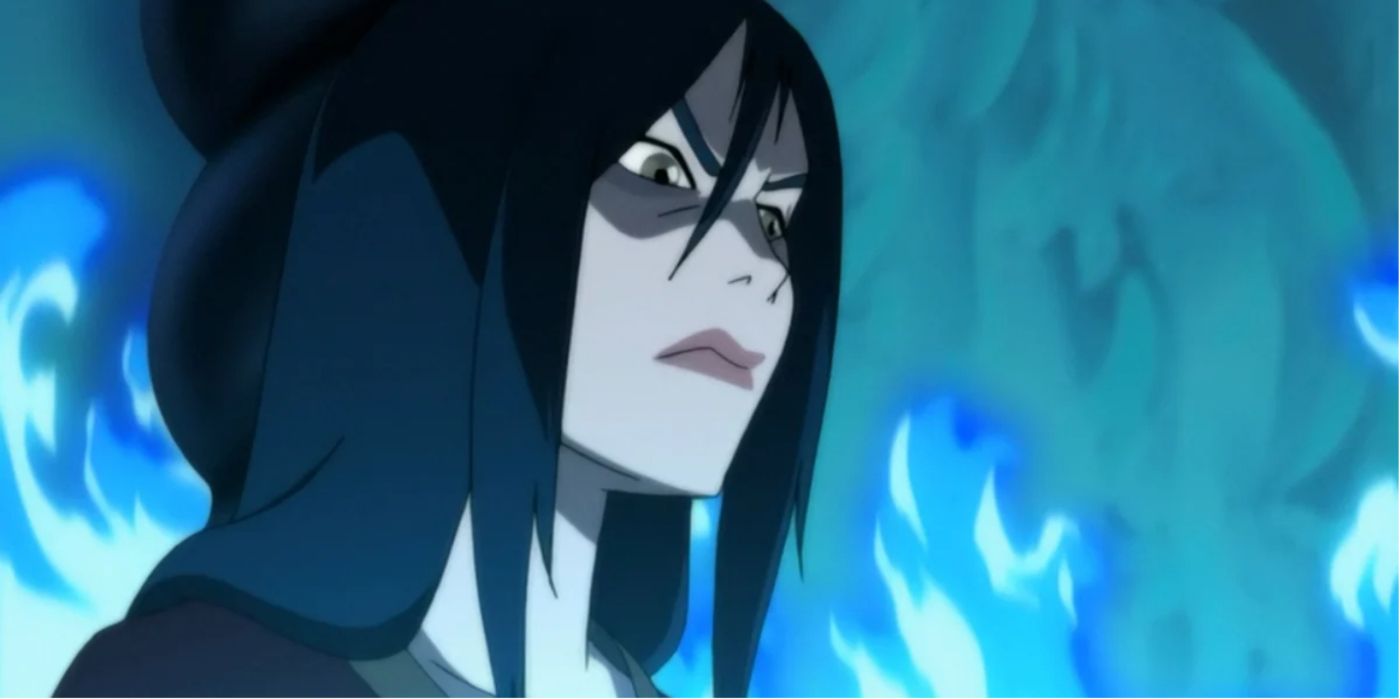 Azula de Avatar: A Lenda de Aang com um fundo de chamas azuis.