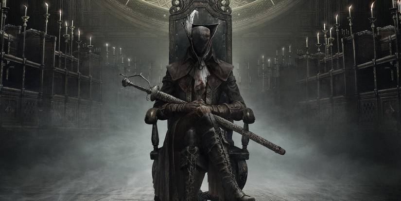 Lady Maria sitting in a chair for the key art of Bloodborne's The Old Hunters DLC.