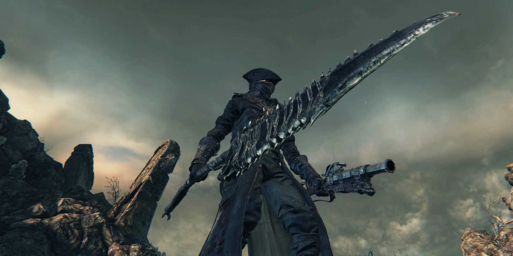 Bloodborne, the hunter wielding a weapon and gun.