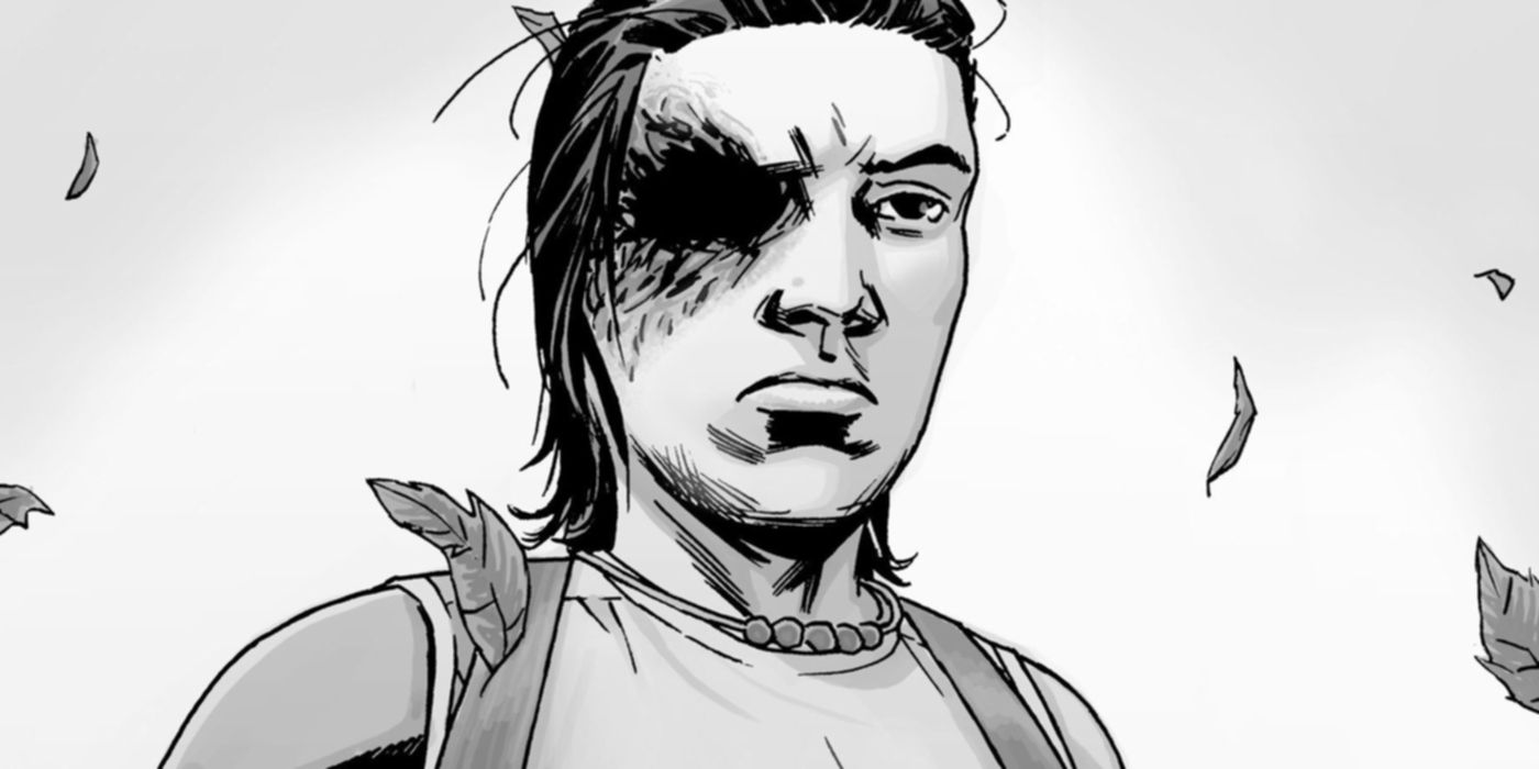 Carl Grimes with his missing eye exposed, as leaves fall around him, from the Walking Dead comic.