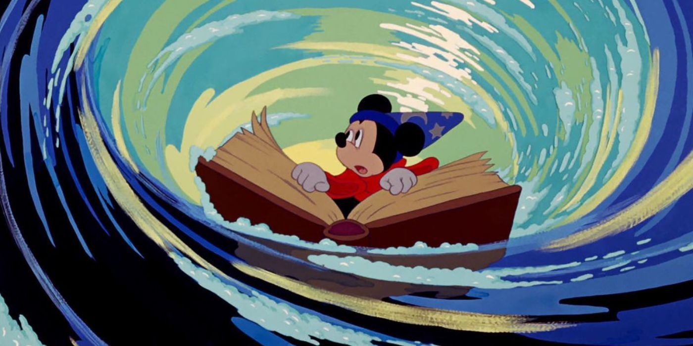 The sorcerer's apprentice version of Mickey Mouse floating in water on a book in Fantasia