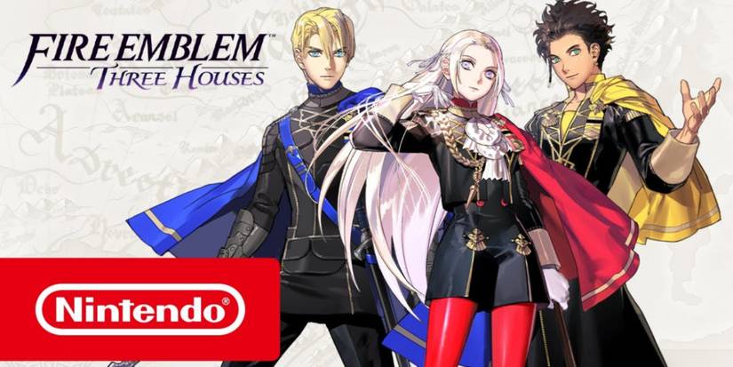 Character art of Fire Emblem Three Houses main leaders Edelgard, Dimitri, and Claude.