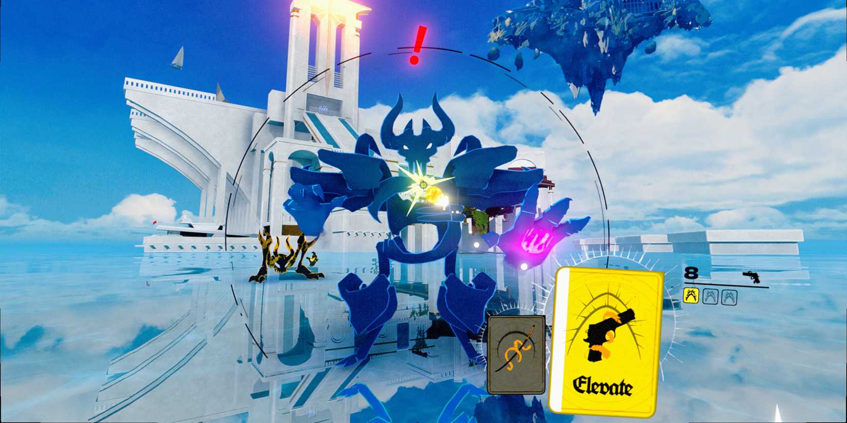 Killing a demon enemy with a gun card in Neon White.