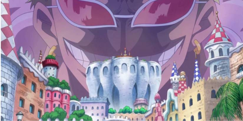 Dressrosa Island aus One Piece mit dem Gesicht von Doflamingo Donquixote als Hintergrund.