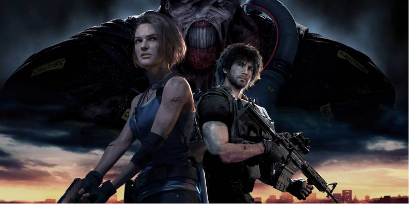 Resident Evil 3 remake promo art with Jill and Carlos with weapons in-hand and Nemesis looming overhead.
