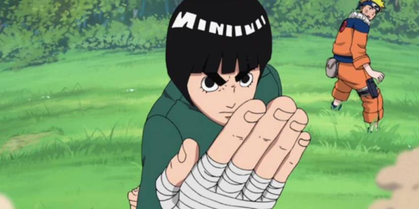 Rock Lee from Naruto holding a bandaged palm in front of his face.
