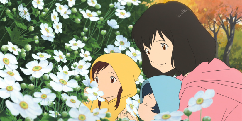 The Wolf Children and Hana looking at pretty flowers