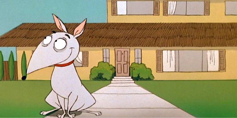 Um cachorro sentado do lado de fora de uma casa em Amazing Stories.