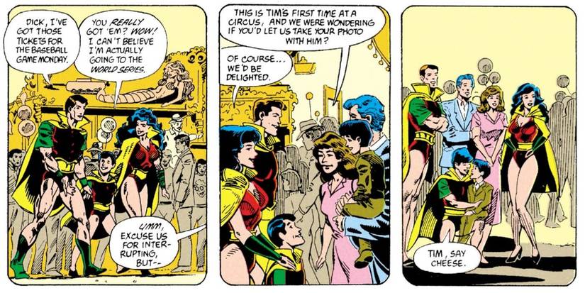 Tim Drake and his family at the Haly Circus meeting the Flying Graysons in Batman comics
