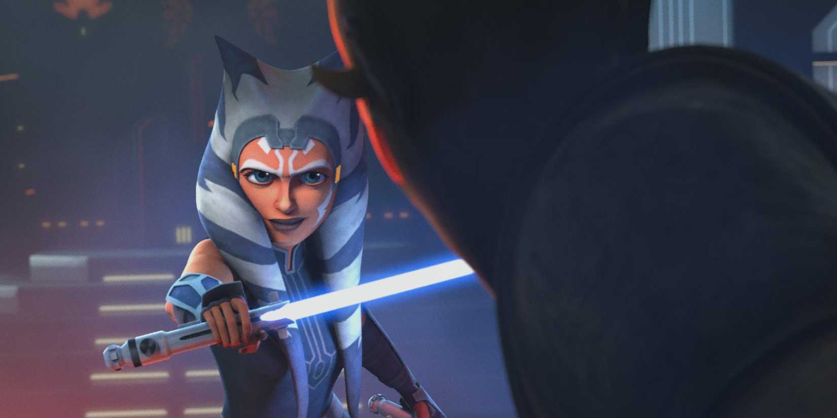 Ahsoka Tano wielding her lightsaber in The Clone Wars.