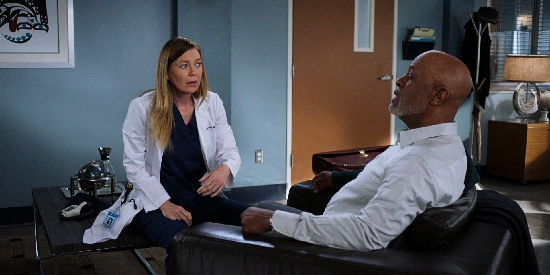 Richard and Meredith talking in his office on Grey's Anatomy.