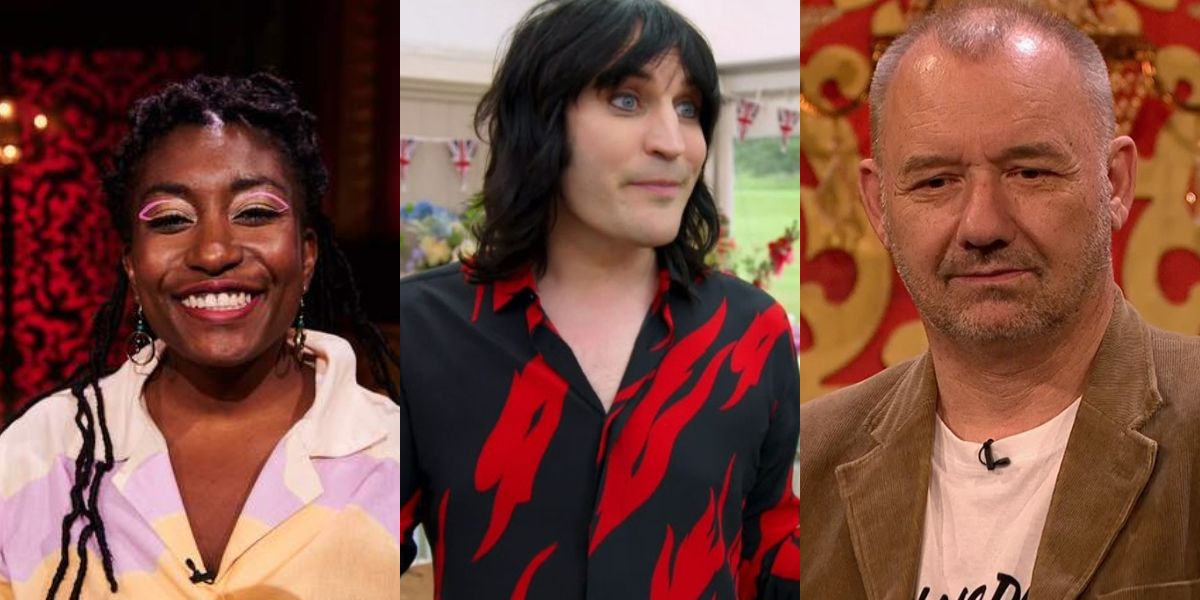 A split image of Sophie Decker, Noel Fielding, and Bob Mortimer in Taskmaster