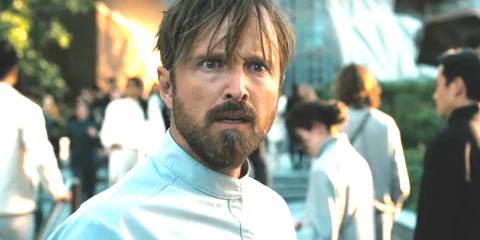 Aaron Paul in character as Caleb in Westworld in a crowd looking astonished