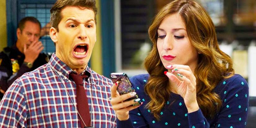 Blended image of Jake (Andy Samberg) and Gina (Chelsea Peretti) in Brooklyn Nine-Nine