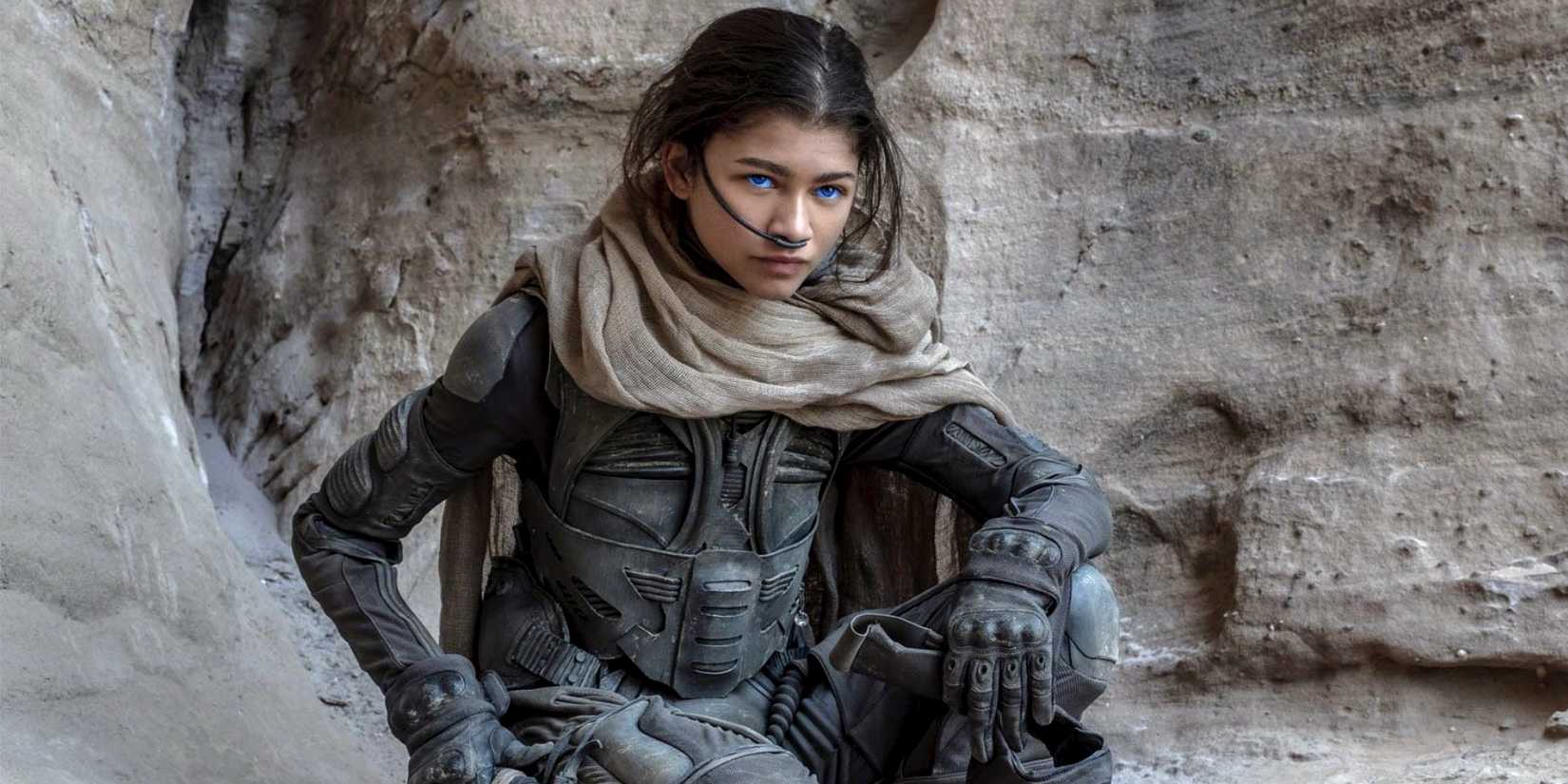 Chani (Zendaya) kniet im Wüstensand und schaut etwas abseits der Kamera in Dune: Part 2.