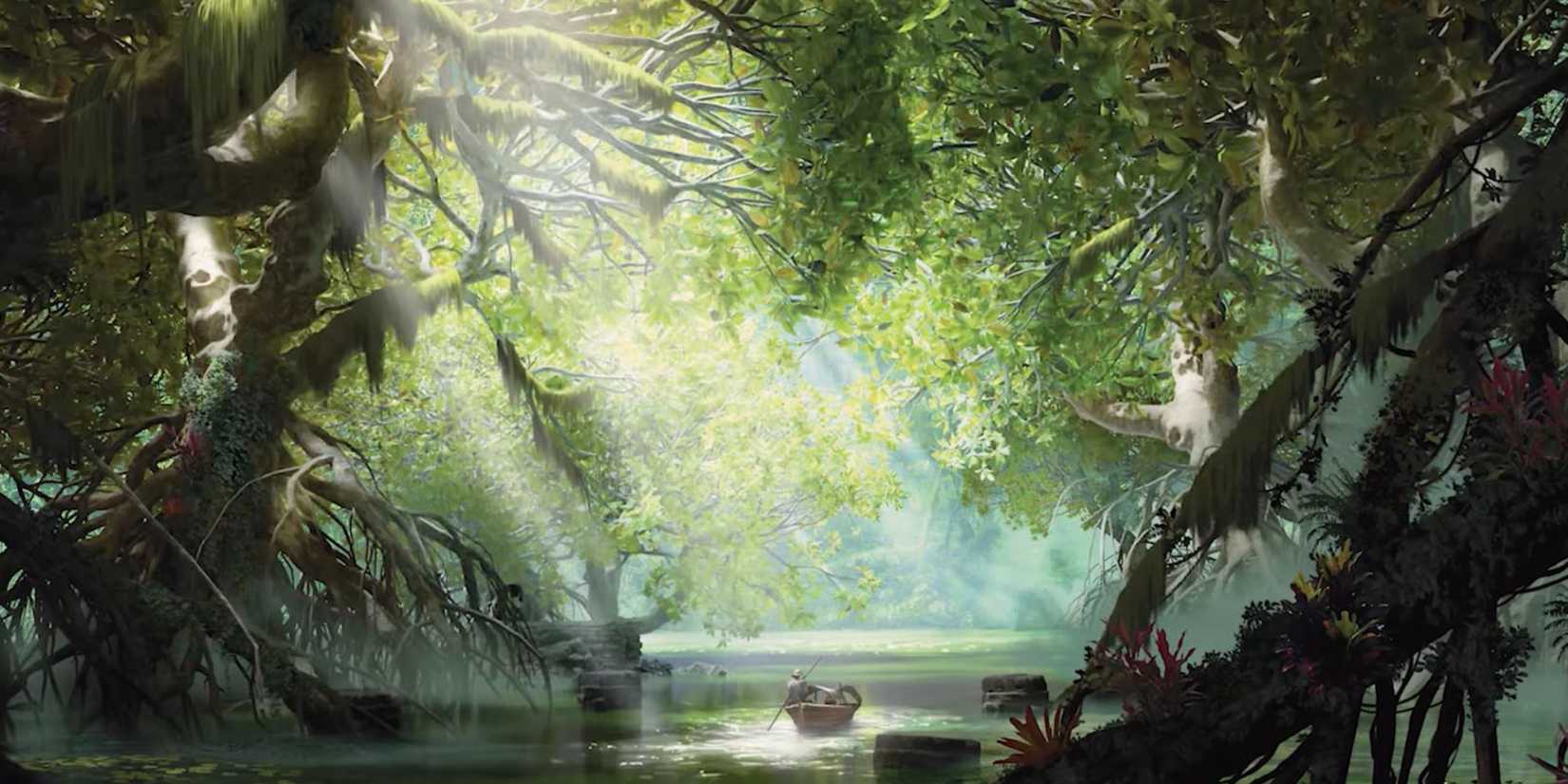 Dungeons & Dragons Journeys Through the Radiant Citadel forest art showing a character rowing a boat downriver.