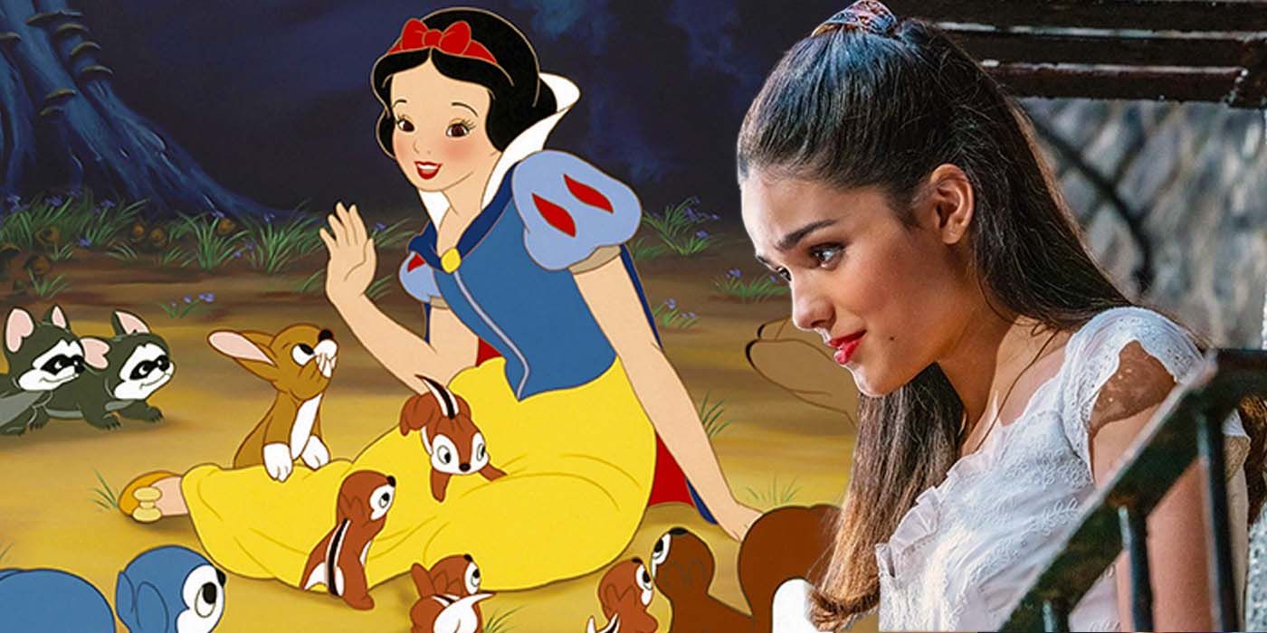 A composite image of Rachel Zegler looking on with Snow White from the Disney cartoon
