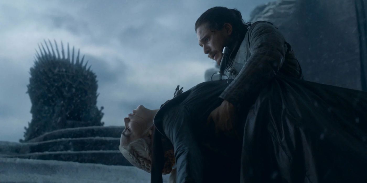 Jon holding Daenerys' body after he killed her in season 8.