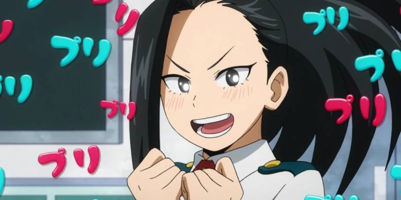 My Hero Academia character Momo Yaoyorozu or Creati looking Excited.