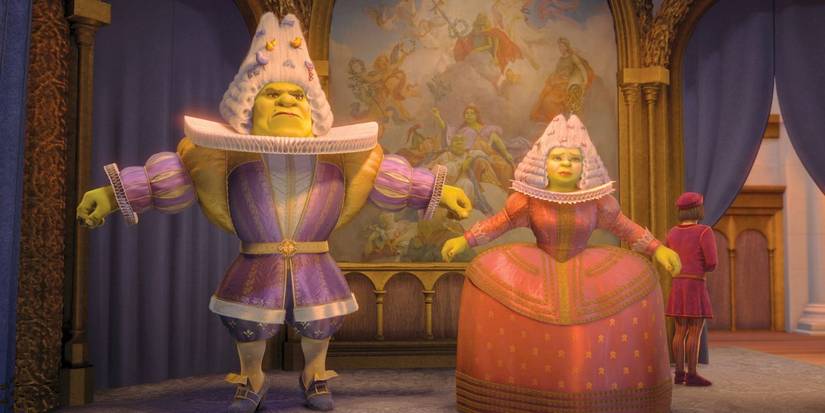 Shrek and Fiona wear ridiculous elaborate outfits in Shrek The Third.