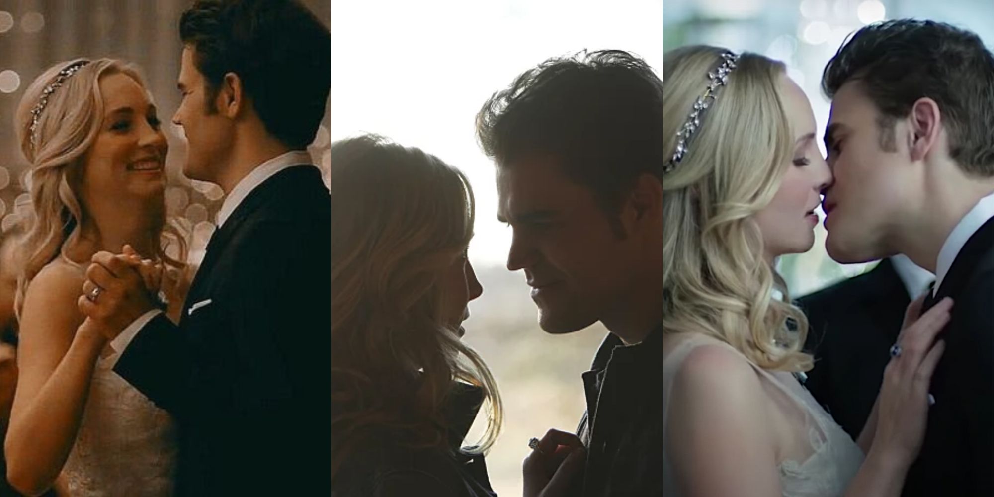 Split Image of Steroline dancing, smiling, and about to kiss
