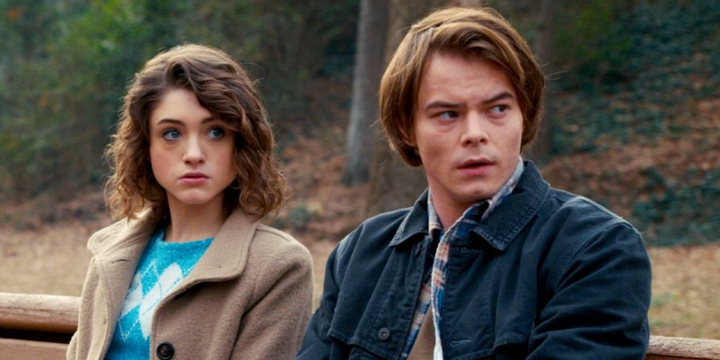 Nancy (Natalia Dyer) and Jonathan (Charlie Heaton) sit on a bench in Stranger Things