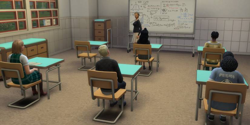 Students sitting in a classroom in the video game Sims 4