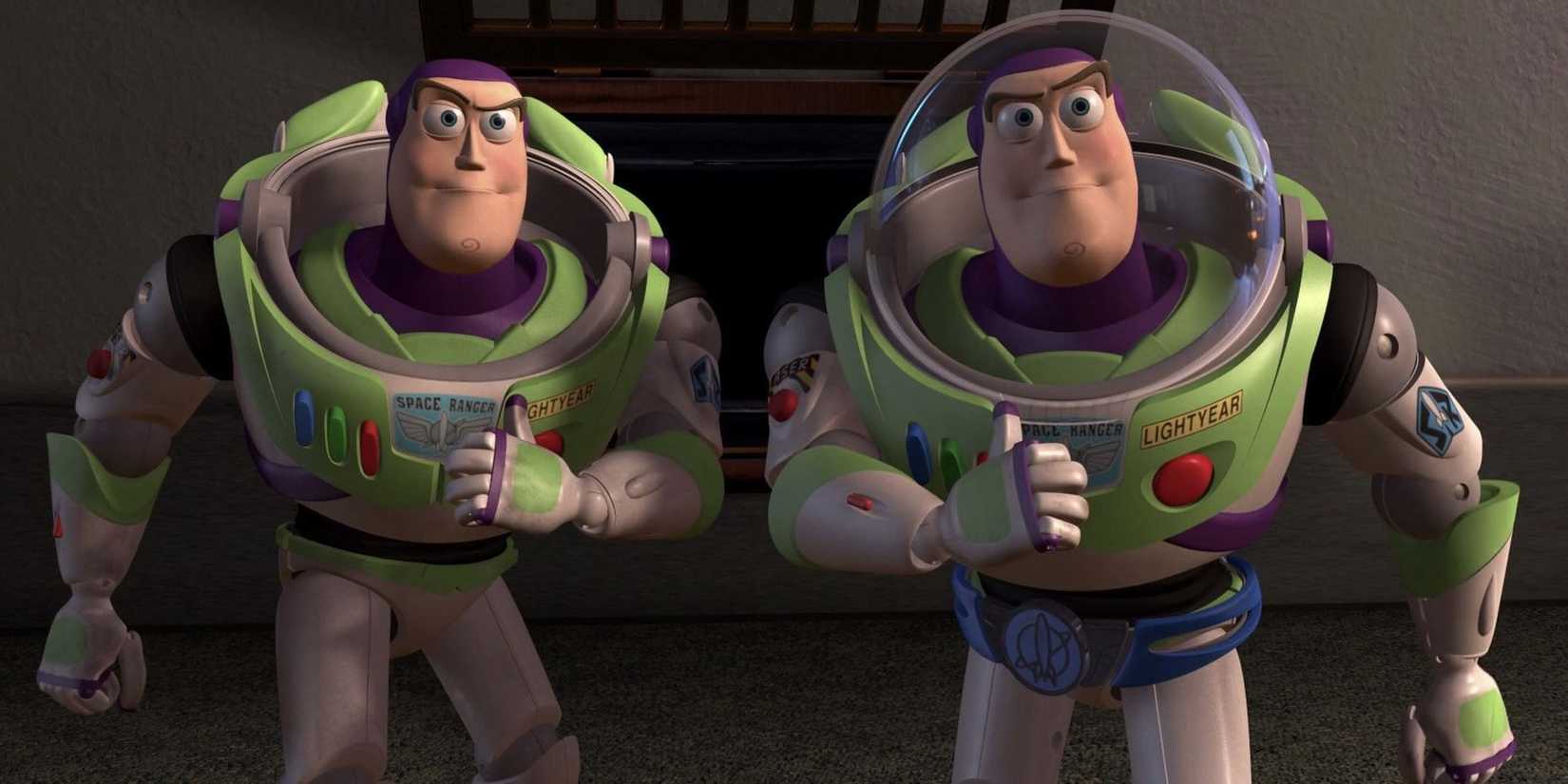 Two Buzz Lightyears meet in Toy Story 2.