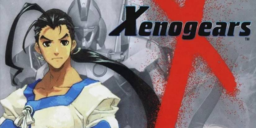 The protagonist of Xenogears in cover art with his mecha behind him.