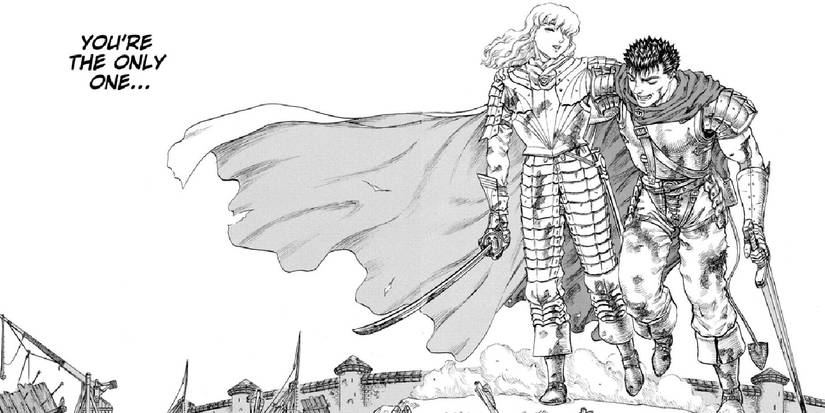 Guts and Griffith walking side by side, their arms around each other's shoulders.