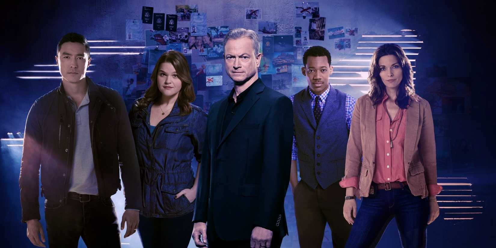The Criminal Minds: Beyond Borders cast in front of an evidence wall