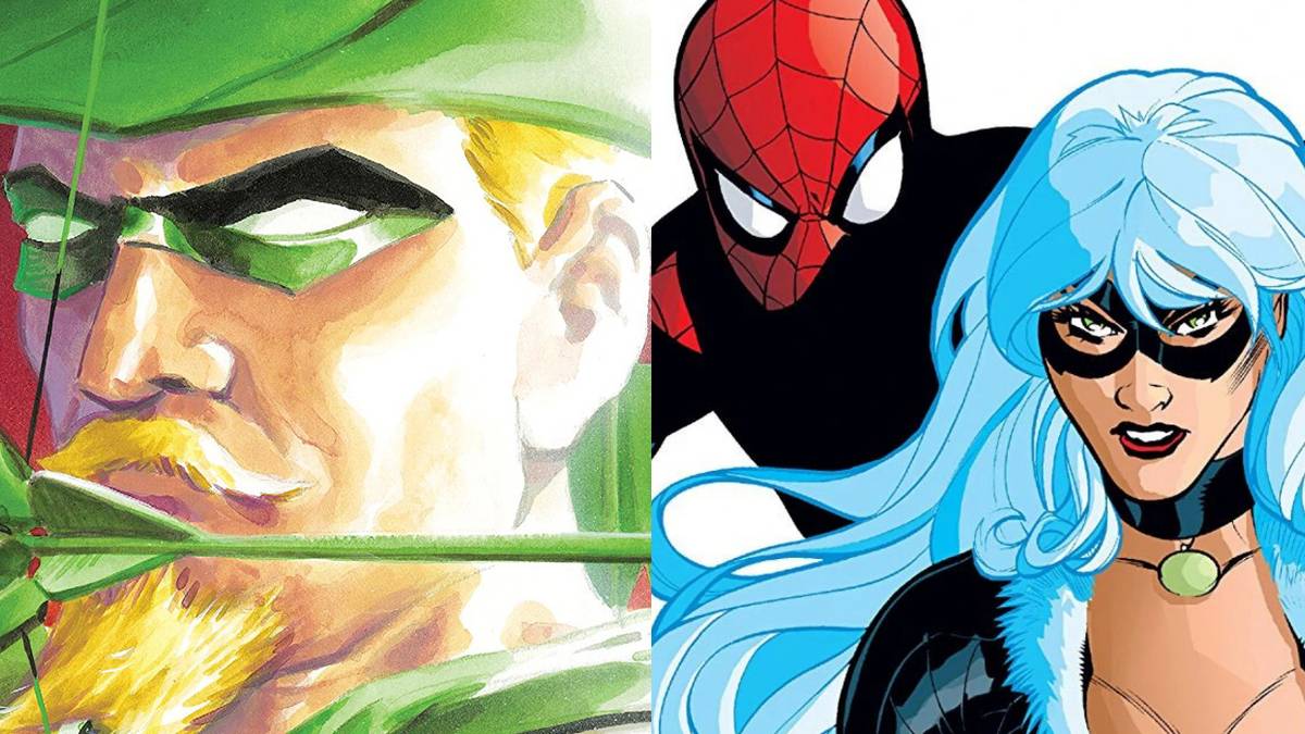 A split screen of Quiver and Black Cat and Spider-Man