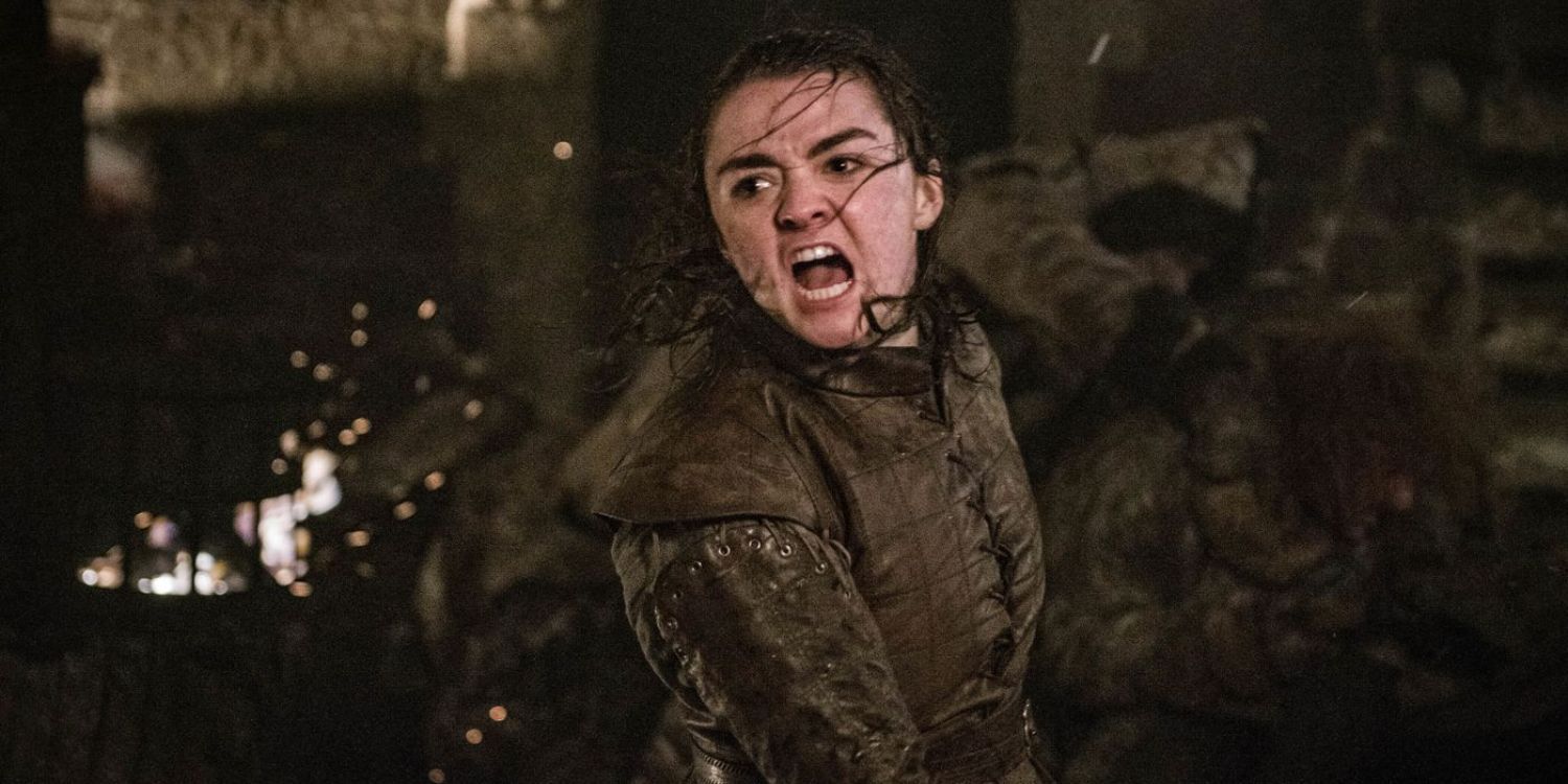 Arya, looking fierce and determined, fighting in the Battle of Winterfell in Game of Thrones season 8