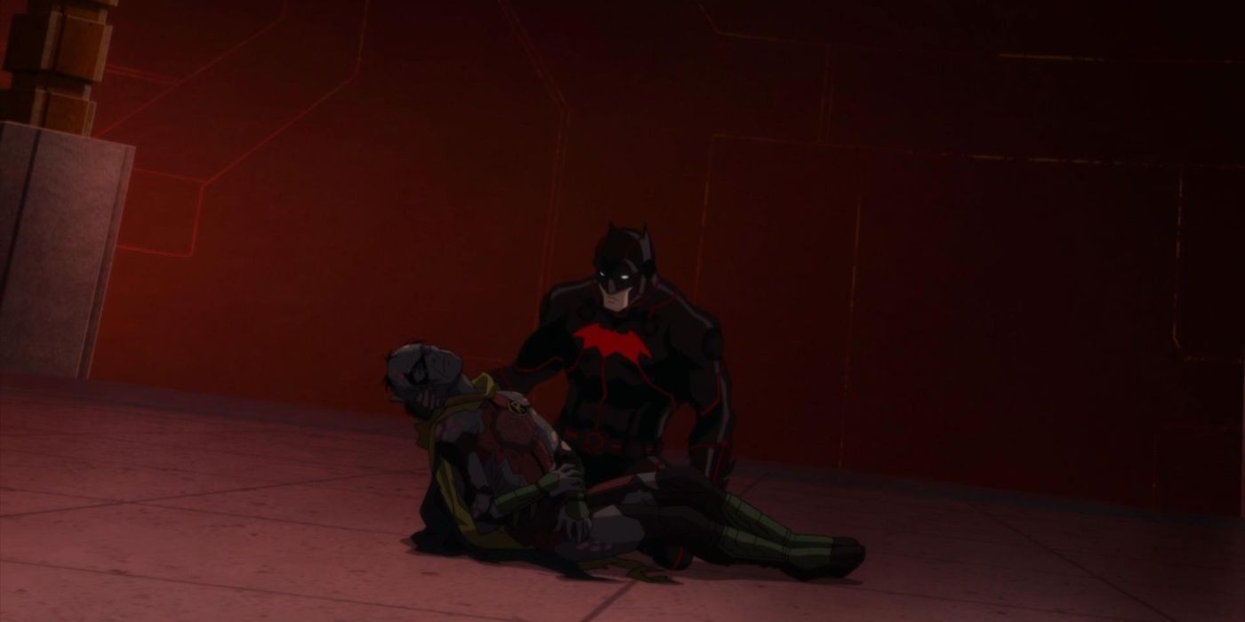 Batman segura um falecido Damian Wayne em Liga da Justiça Sombria: Guerra de Apokolips