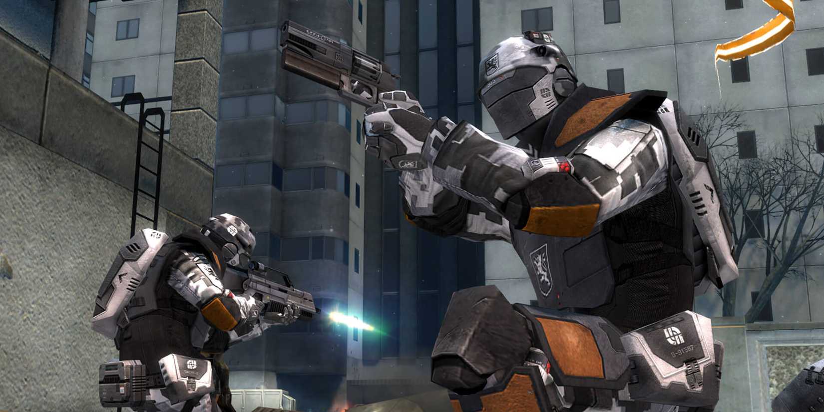 Soldados com equipamentos futuristas do videogame para PC Battlefield 2142.