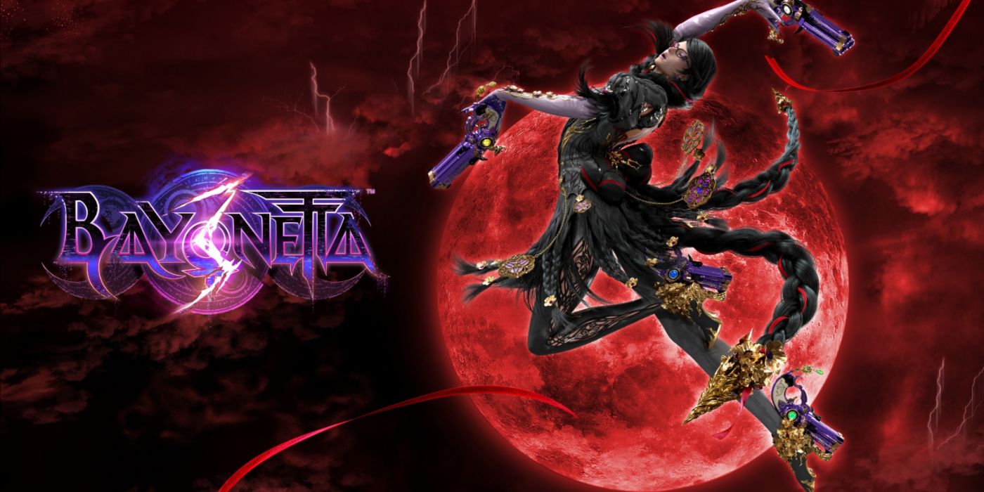 Bayonetta 3 key art with the titular Umbra Witch posing midair with a red moon in the background.