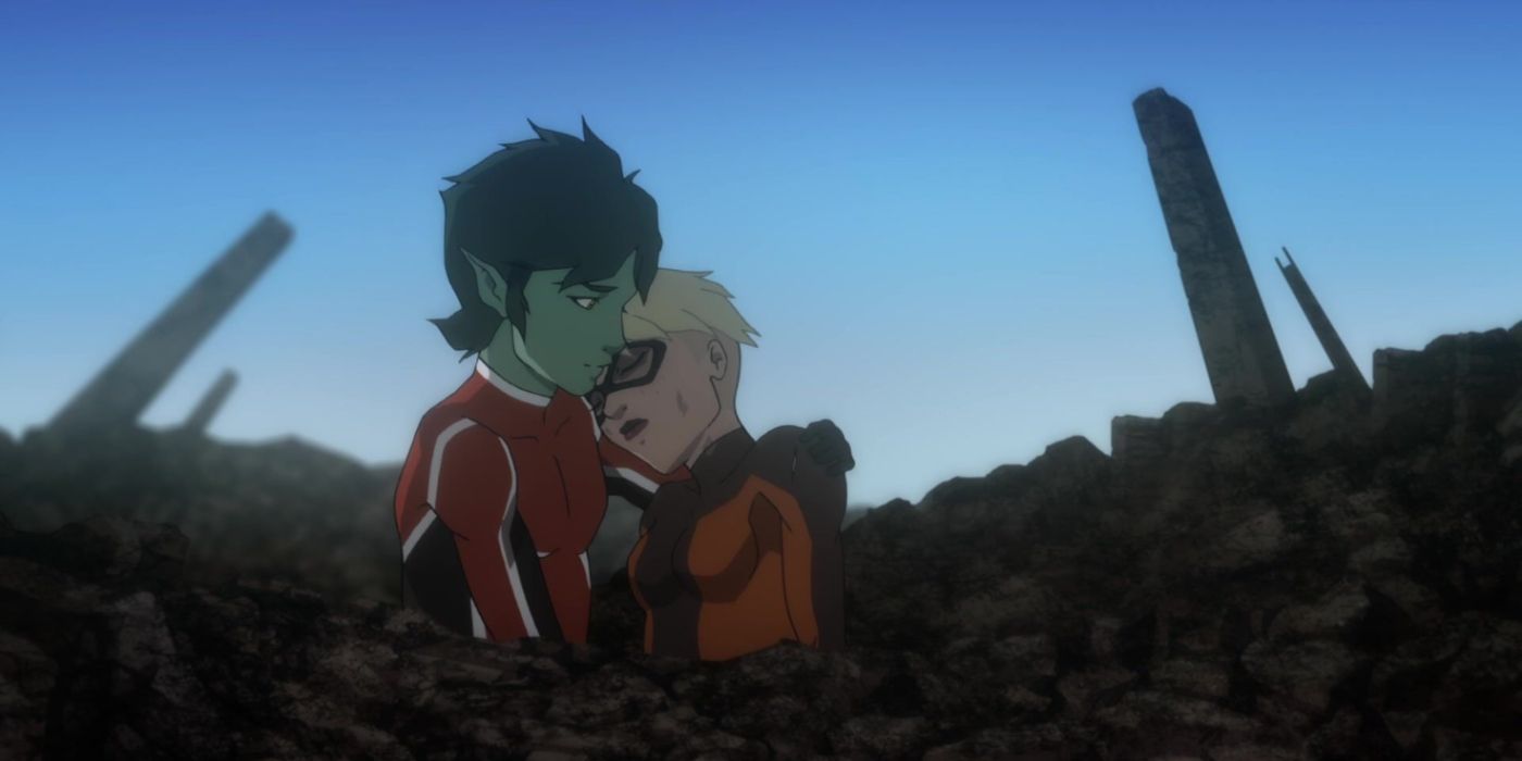 Beast Boy Holding a Deceased Terra in Teen Titans: The Judas Contract