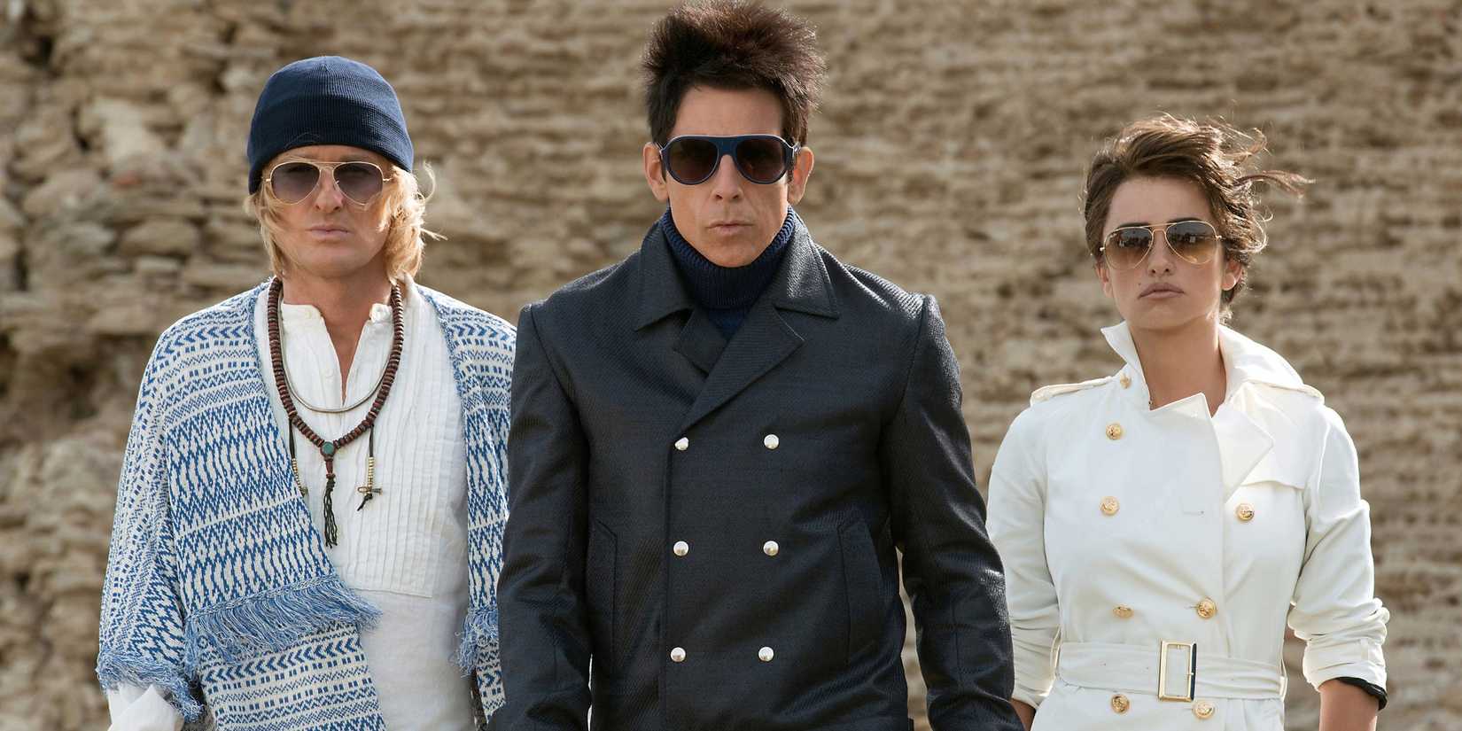 Derek, Hansel, and Valentina walking together, posing and wearing sunglᴀsses, in Zoolander 2.