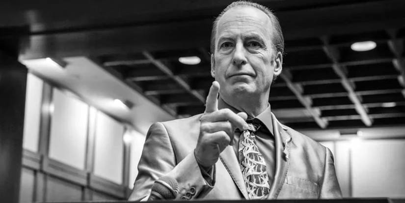 Bob Odenkirk as Jimmy McGill giving his final testimony in a sharp suit in Better Call Saul