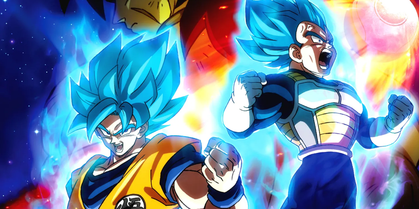 Anime characters Goku and Vegeta upgrading their Saiyan forms in Dragon Super Ball: Broly