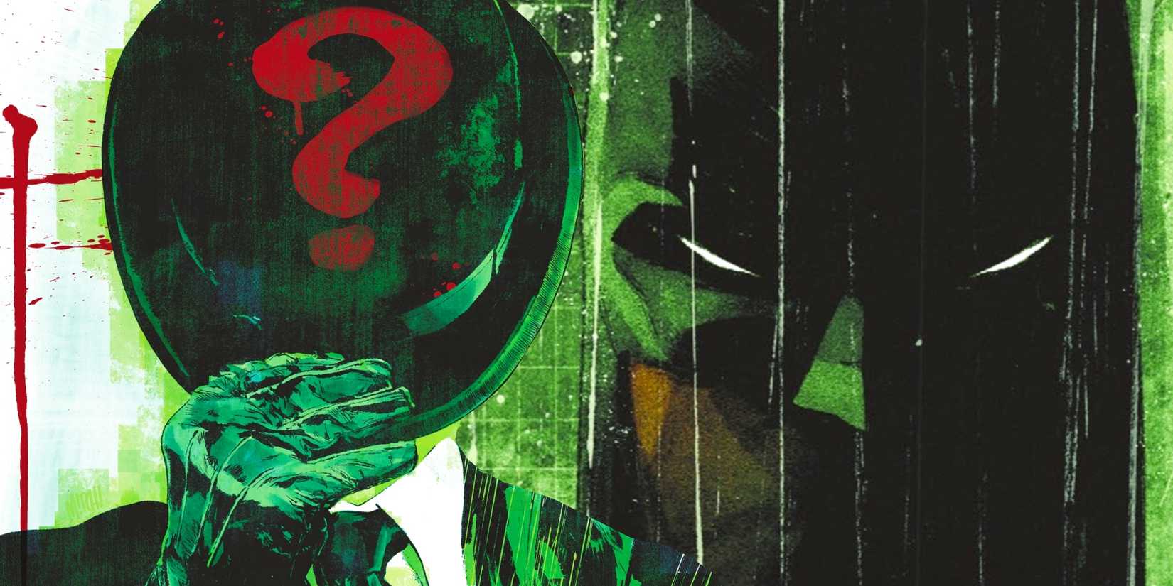 Comic book art: the Riddler puts his hat over his face in front of a scowling Batman.