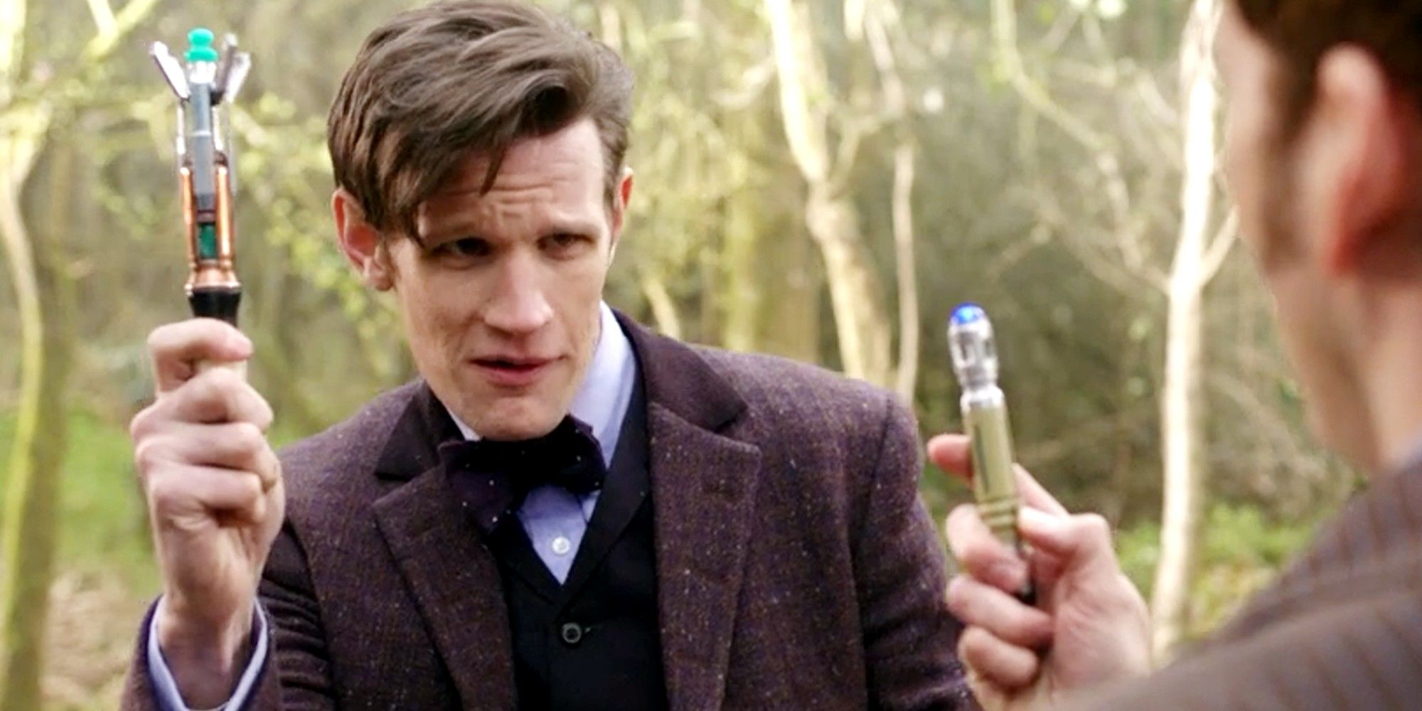 The Tenth and Eleventh Doctors compare sonic screwdrivers in The Day of the Doctor